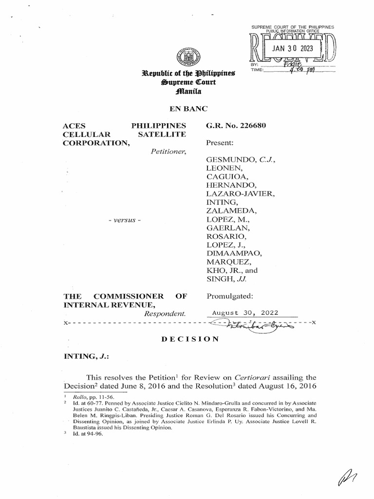 Aces philippines v cir gr 226680 aug 30 2022 pdf taxation in the