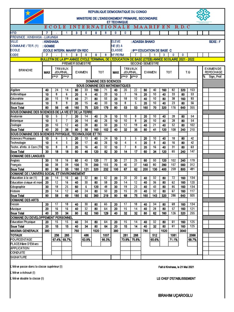 Bulletin Scolaire 8ème RDC 2021-2022 | PDF