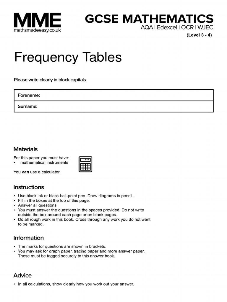Frequency Tables Questions MME | PDF