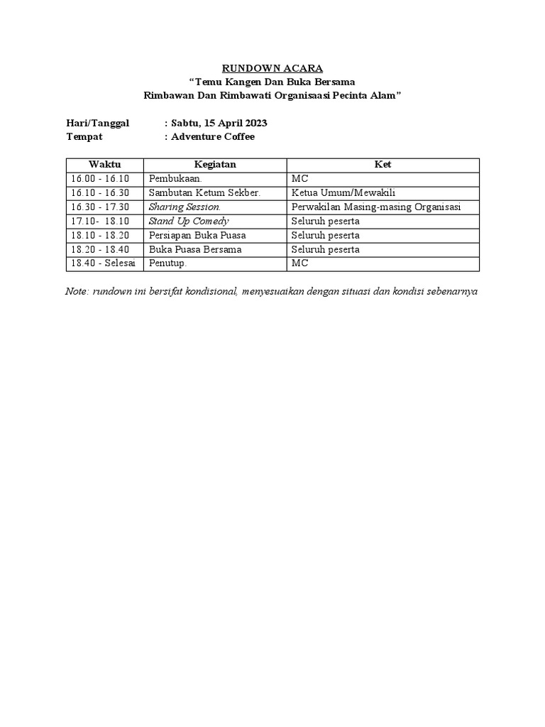 Rundown Acara - BUKBER PA Se-Sorong Raya | PDF