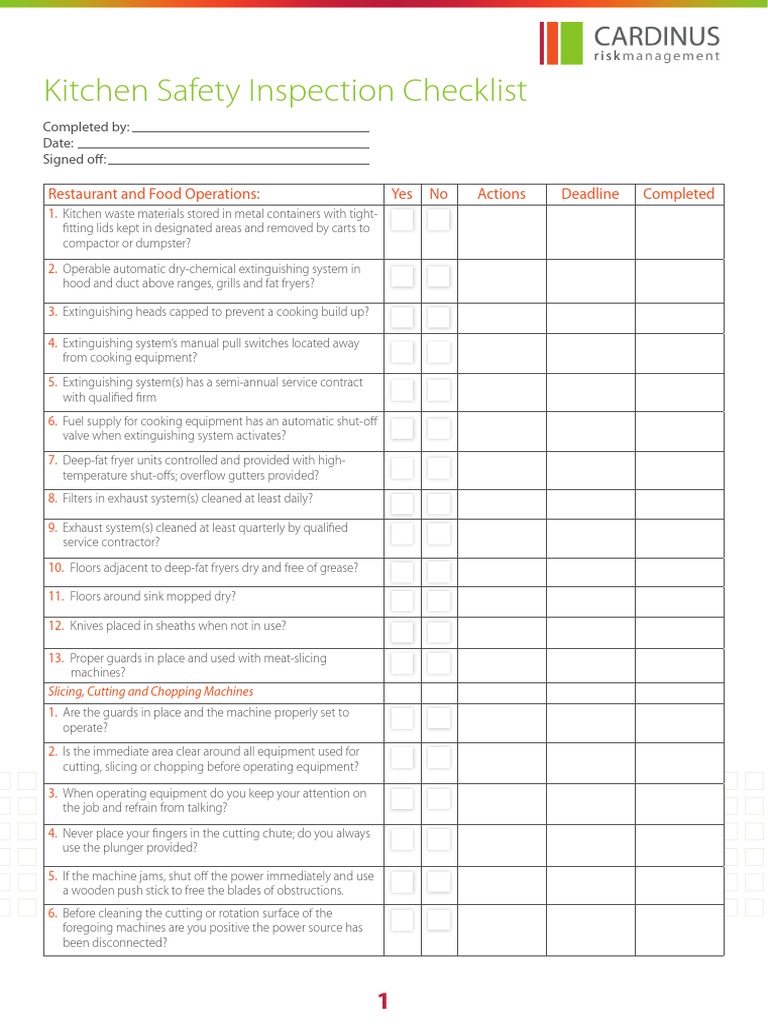 Kitchen Food Safety Inspection Checklist PDF Fire Sprinkler System