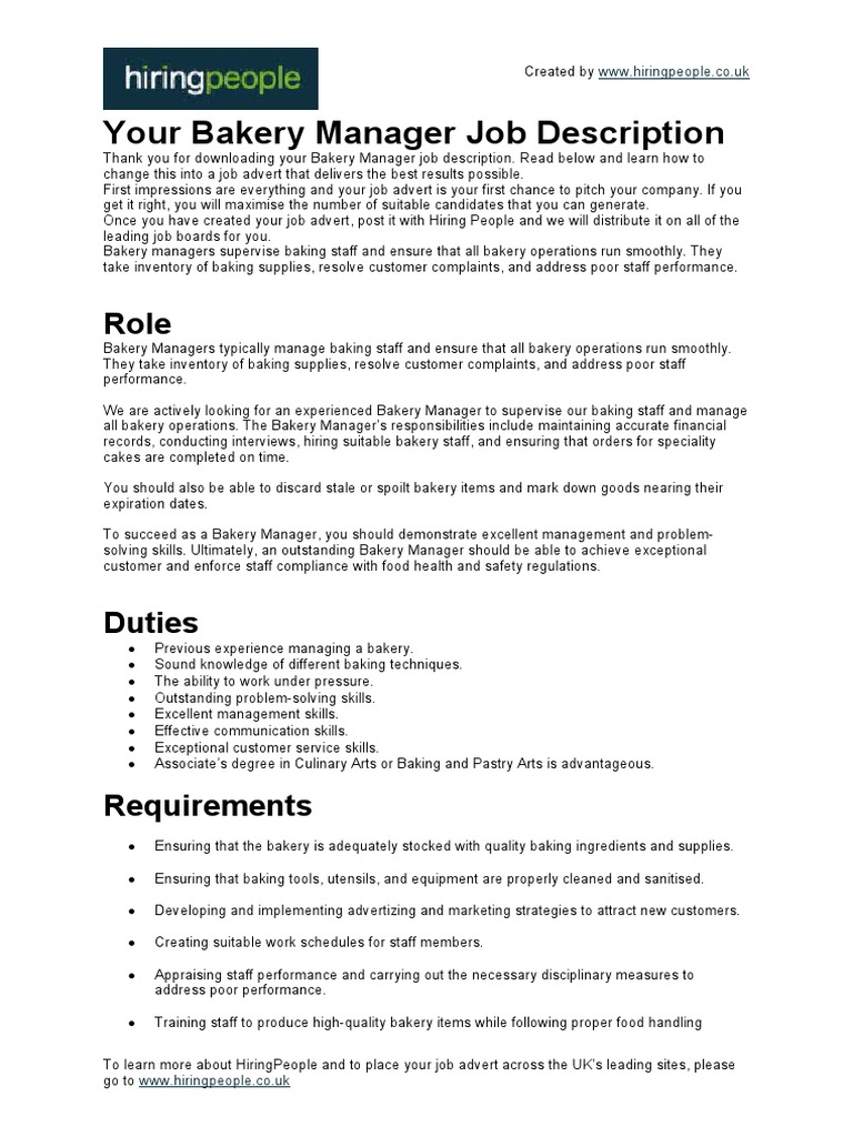 Bakery Manager Job Description PDF Bakery Baking