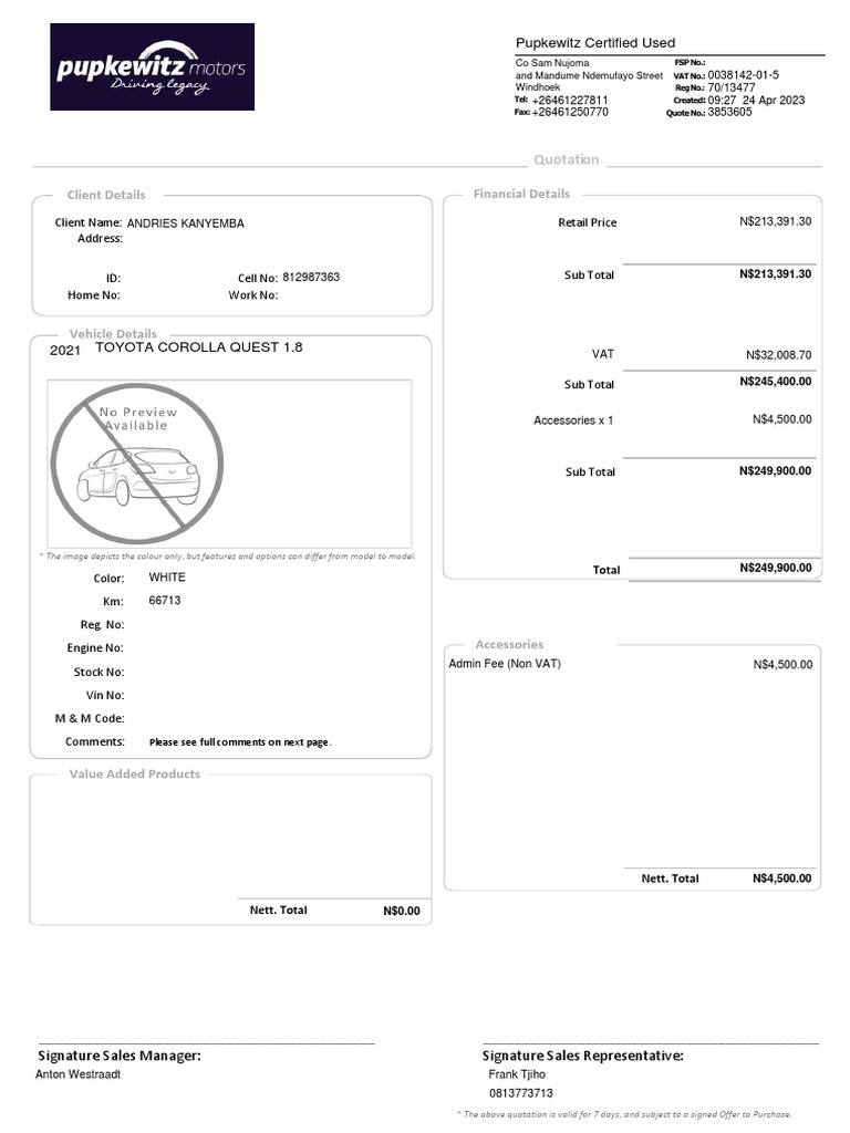 MR Andries Quotation | PDF | Land Vehicles | Toyota