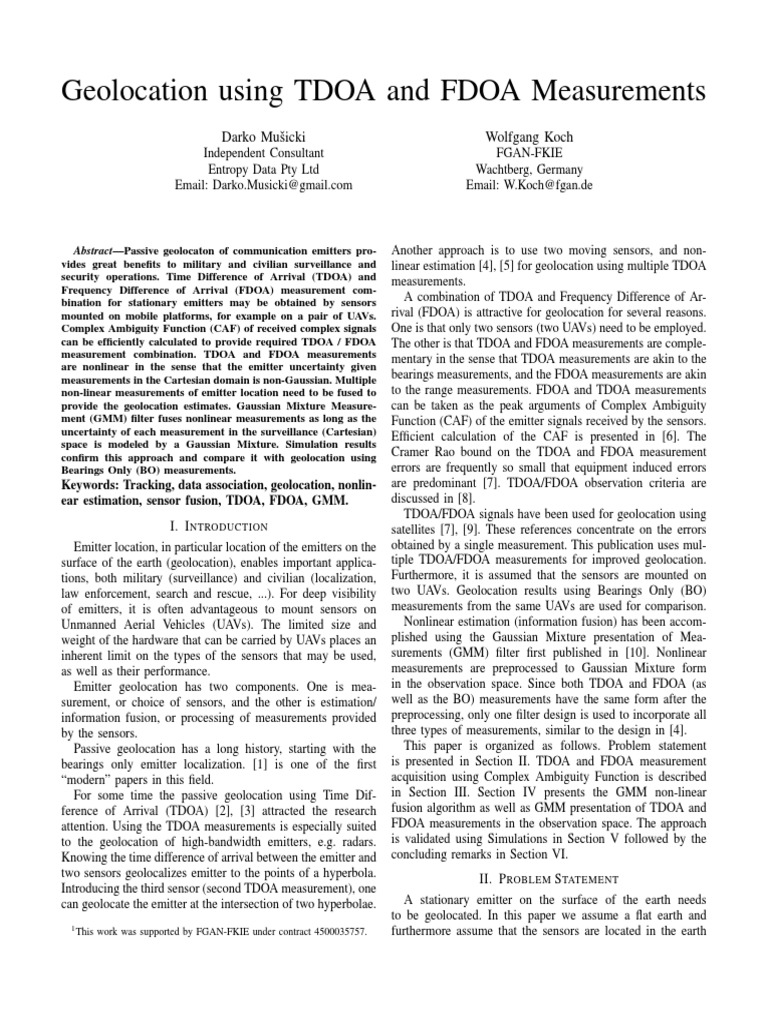 Fardapaper Geolocation Using TDOA and FDOA Measurements | PDF | Kalman ...