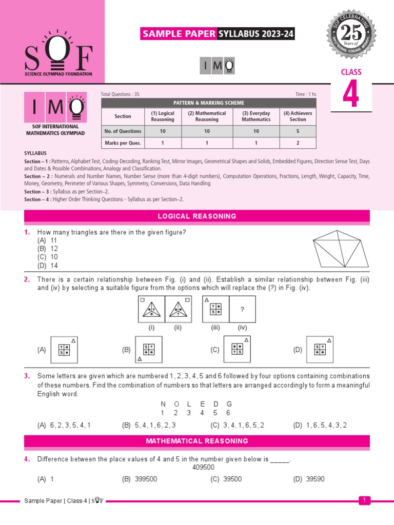 Imo Sample Paper Class 4 Pdf Geometry Mathematics