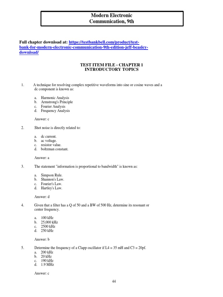Test Bank for Modern Electronic Communication 9th Edition Jeff Beasley Download PDF