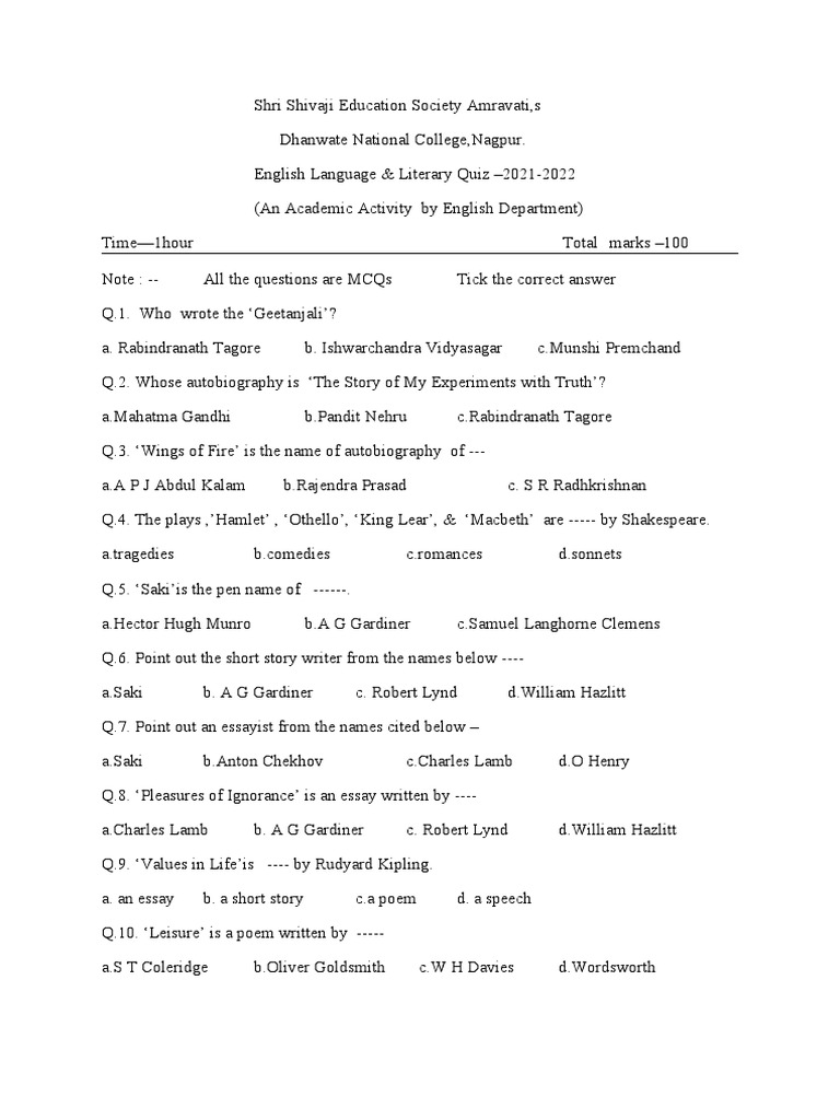 English Language Quiz PDF
