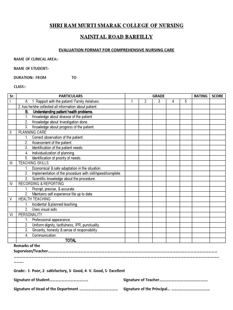 Nursing Student Evaluation Format | PDF | Nursing | Patient