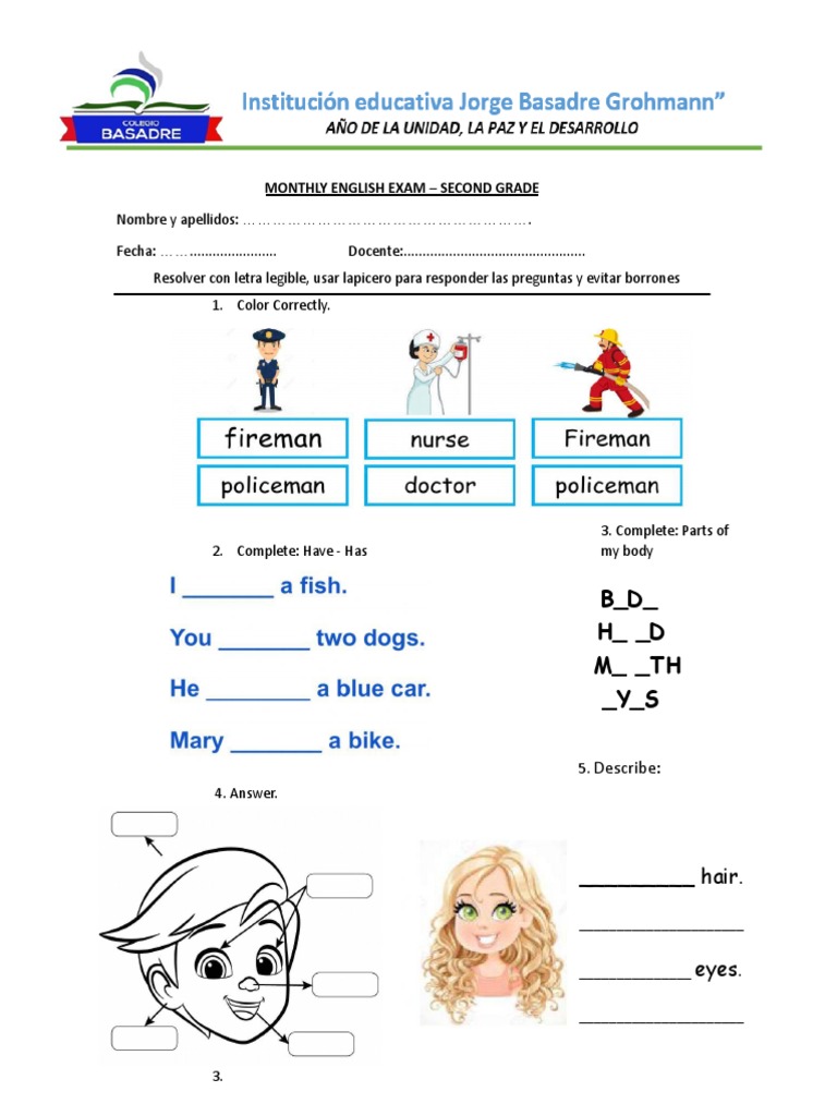 Examen de Inglés para Segundo Grado | PDF