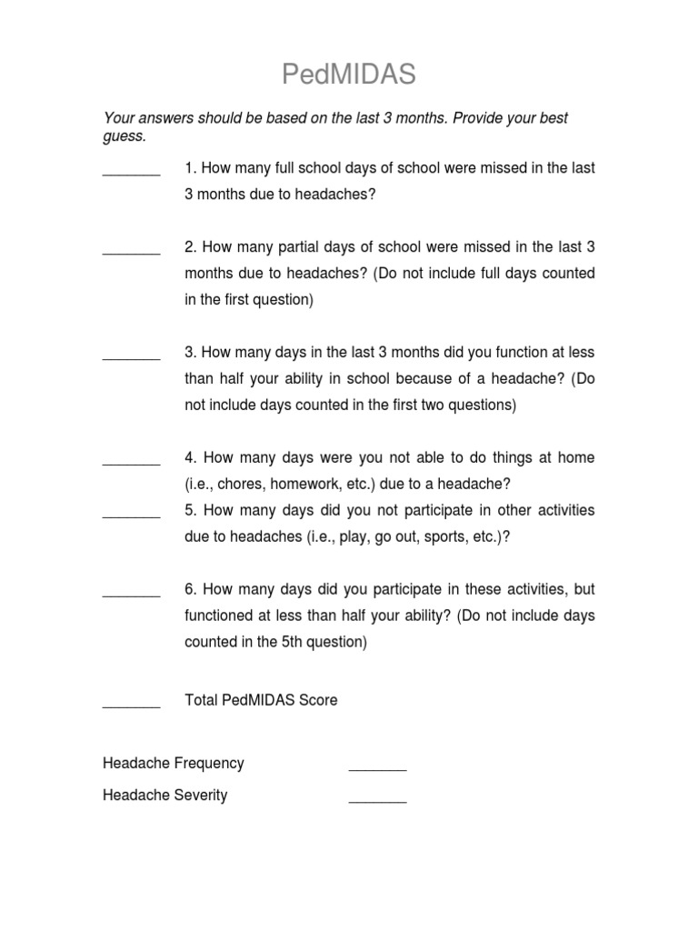 PedMIDAS: Pediatric Migraine Assessment | PDF | Headache | Clinical ...