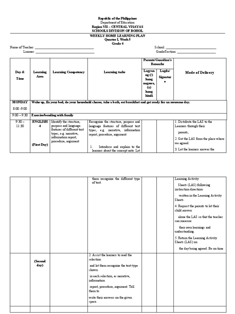 Grade 4 Weekly Home Learning Plan | PDF | Homogeneity And Heterogeneity ...
