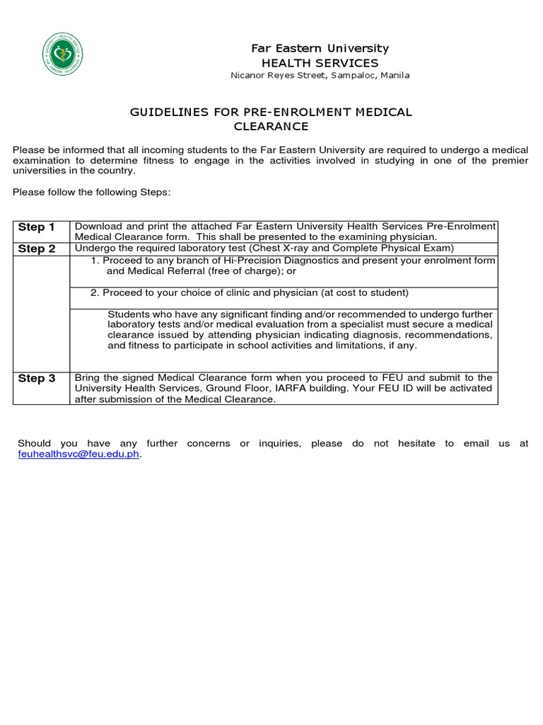 UHS PreEnrolment Med Clearance Final PDF Physical Examination