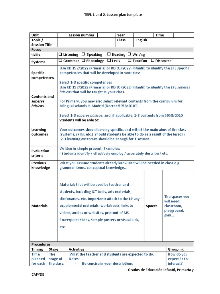 TEFL Lesson Plan Template for LOMLOE | PDF | Lesson Plan | English As A ...