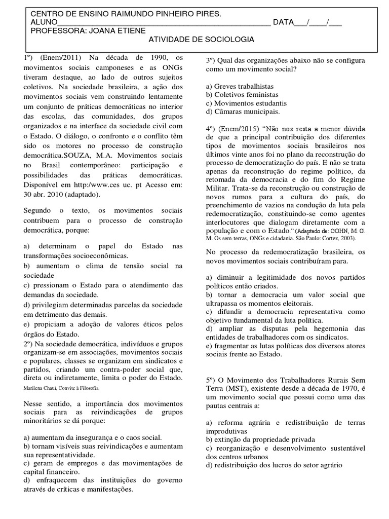 ATIVIDADE SOBRE MOVIMENTOS SOCIAIS 3 Ano A e B (1) | PDF | Movimentos ...