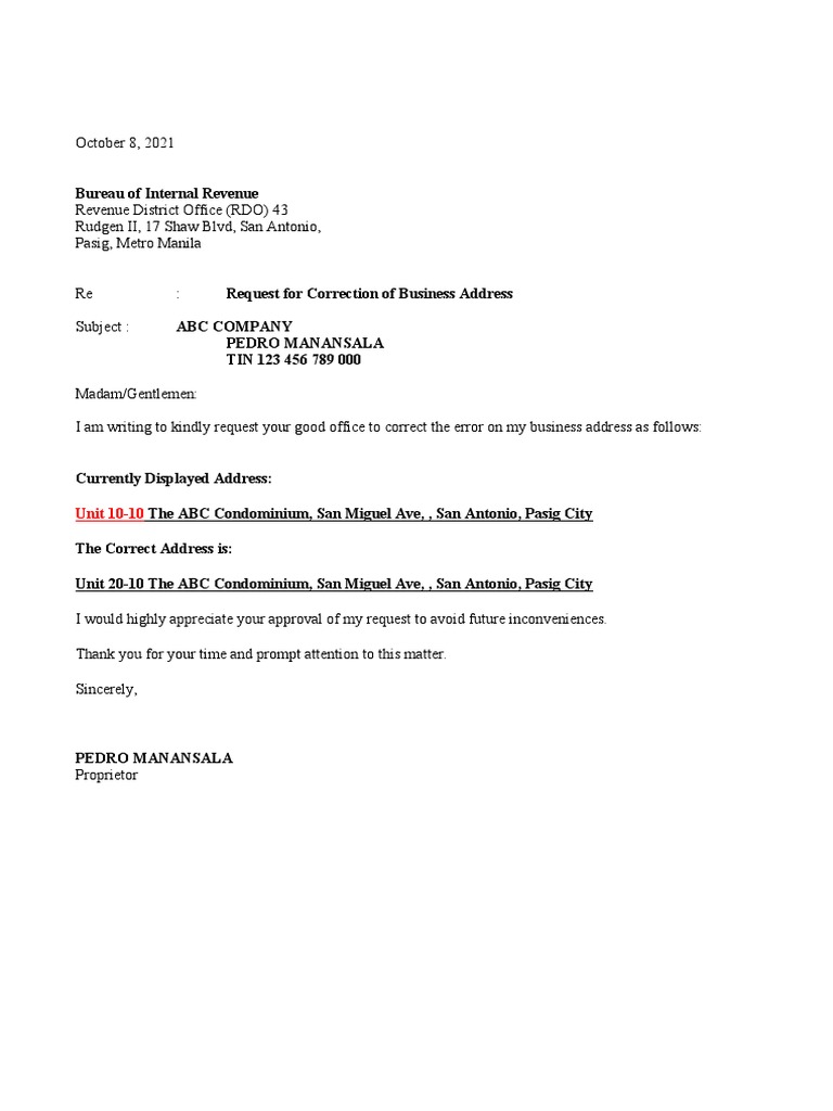 Request for Business Address Correction | PDF