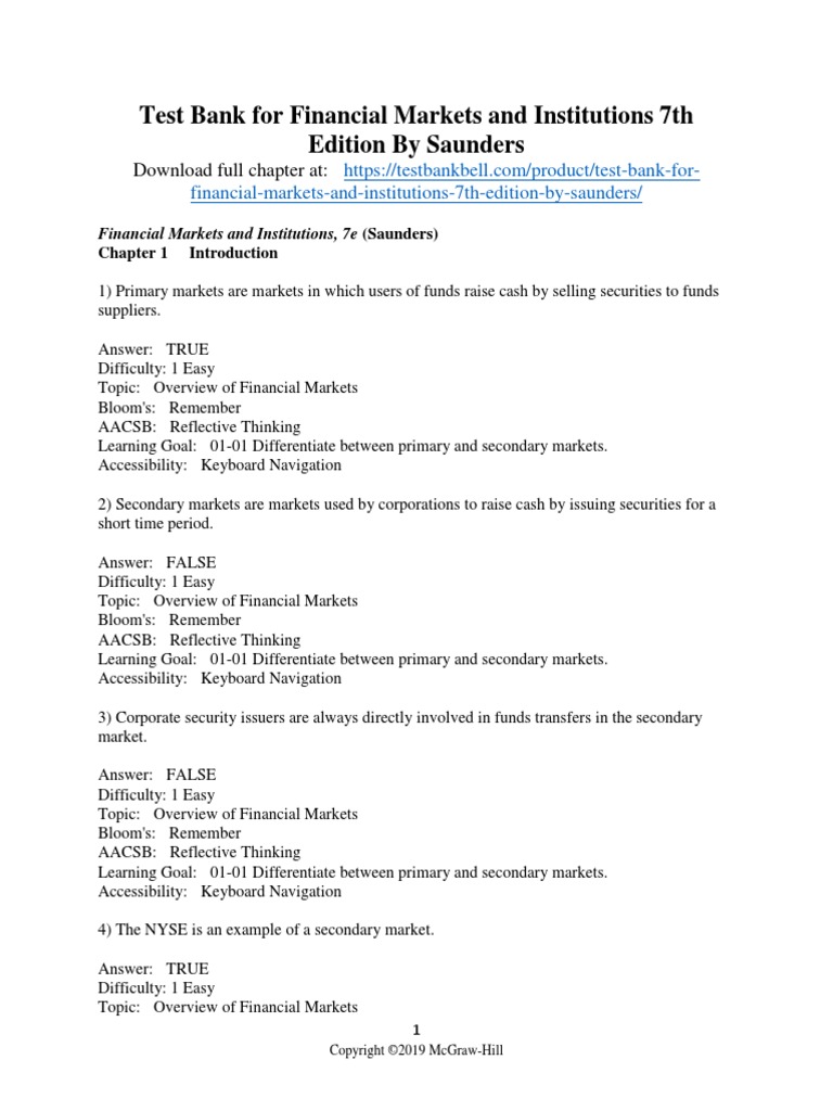 Test Bank For Financial Markets and Institutions 7th Edition by Saunders PDF Financial