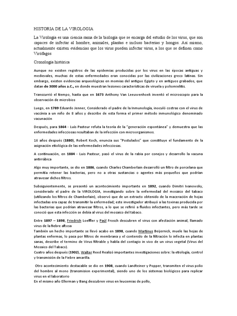 HISTORIA DE LA VIROLOGIA PDF Virus Virología