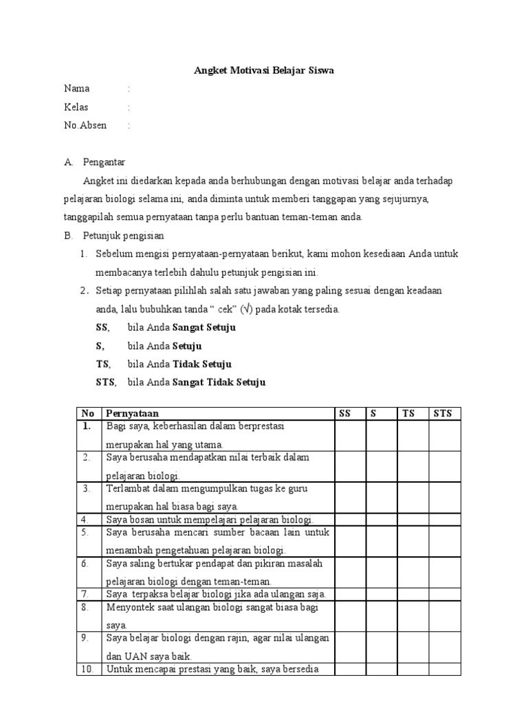 Angket Motivasi Belajar Siswa Pdf