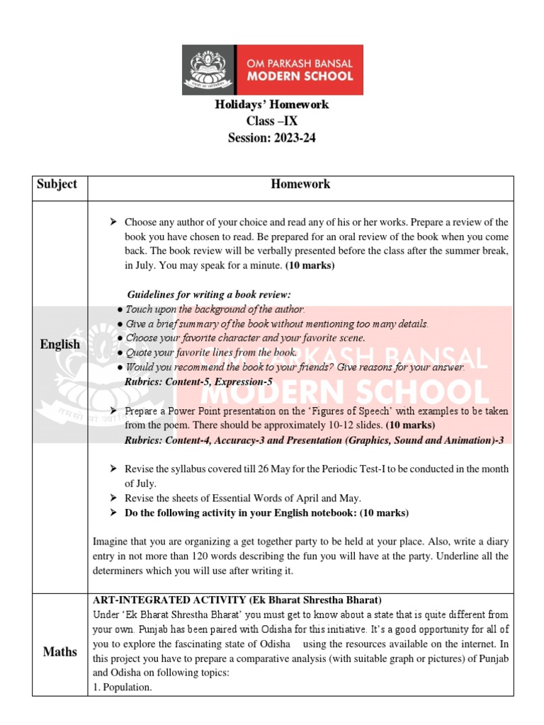 Holidays homework class ix session 2023 24 guidelines for writing
