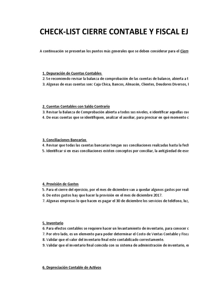 Check list cierre contable y fiscal ejercicio 2017 pdf contabilidad