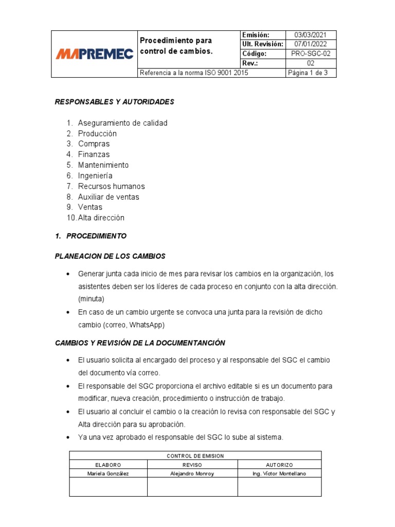 PRO-SGC-02 (PROCEDIMIENTO DE CONTROL DE CAMBIOS) | PDF | Informática