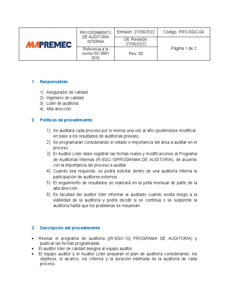 Procedimiento de Auditoría Interna ISO 9001 | PDF | Auditoría | Contralor