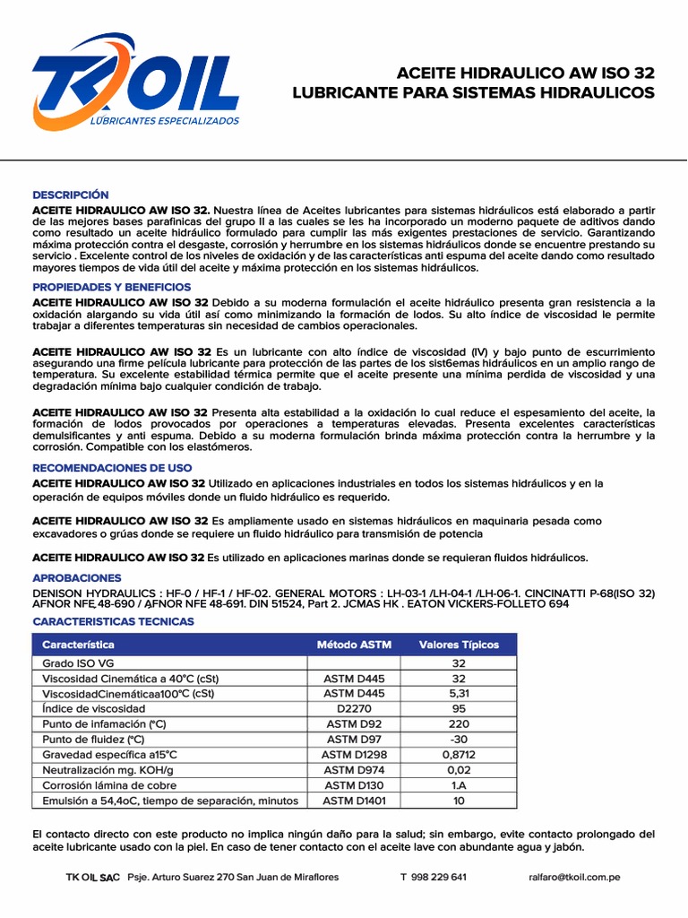 Aceite Hidraulico AW ISO 32 FT | PDF | Lubricante | Sector secundario ...