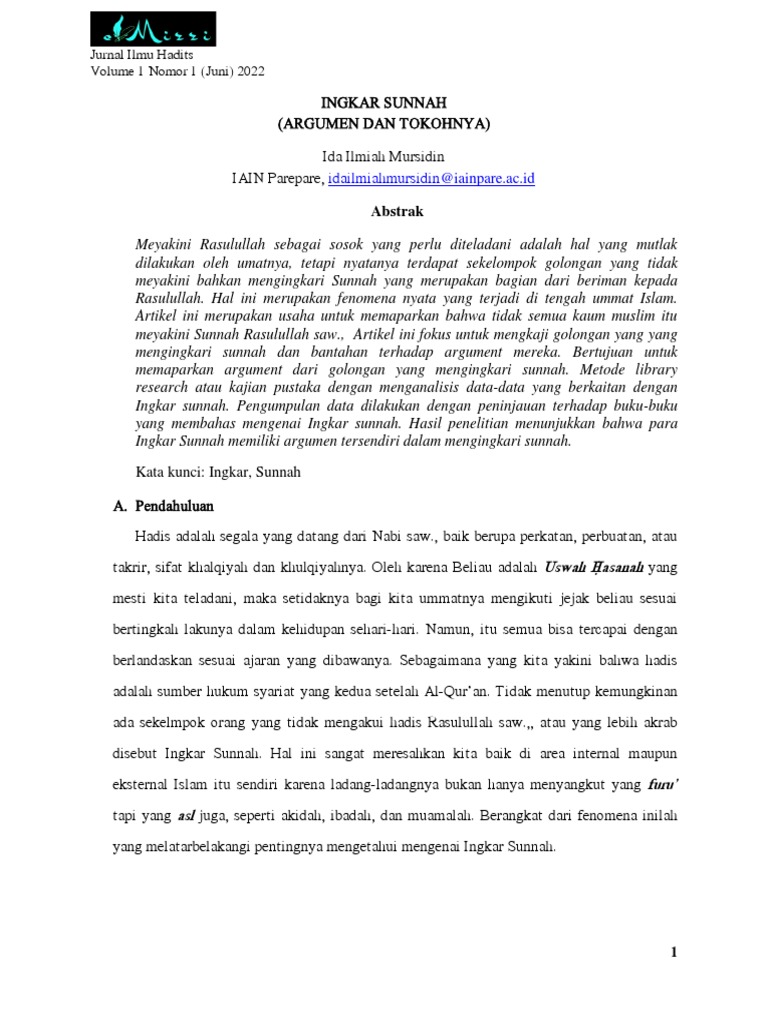 Idailmiahmursidin@iainpare - Ac.id: Jurnal Ilmu Hadits Volume 1 Nomor 1 ...