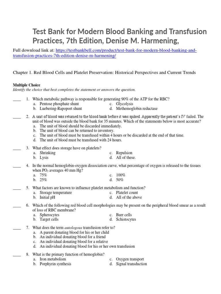 Test Bank For Modern Blood Banking and Transfusion Practices 7th