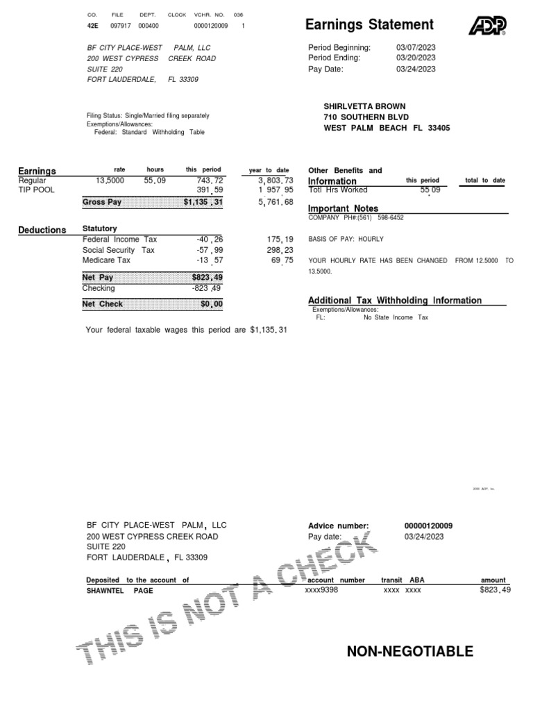 Earnings Statement Shirlvetta Brown 710 Southern BLVD West Palm Beach