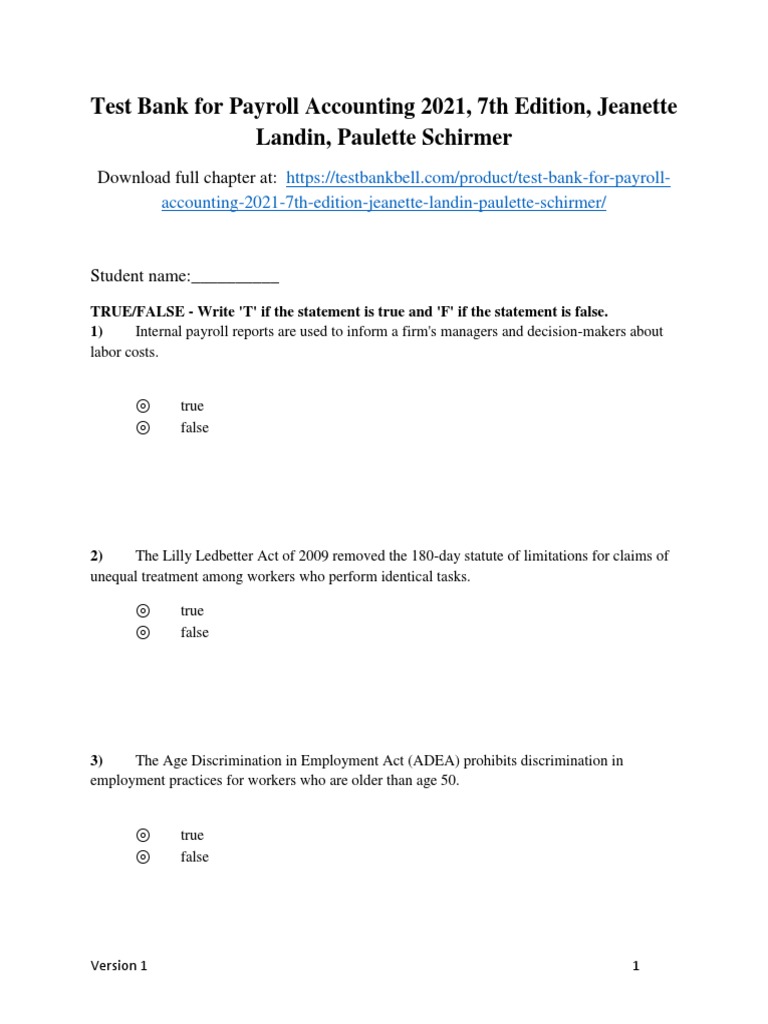 Test Bank for Payroll Accounting 2021 7th Edition Landin