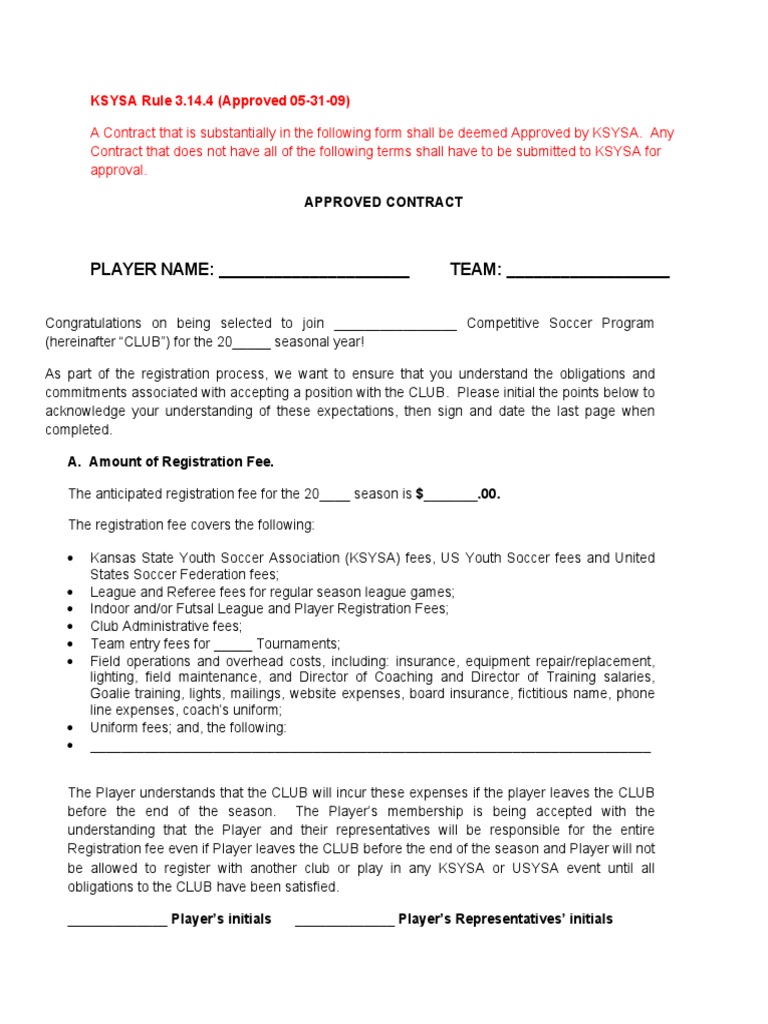 Soccer Player Contract Form PDF Fee Private Law