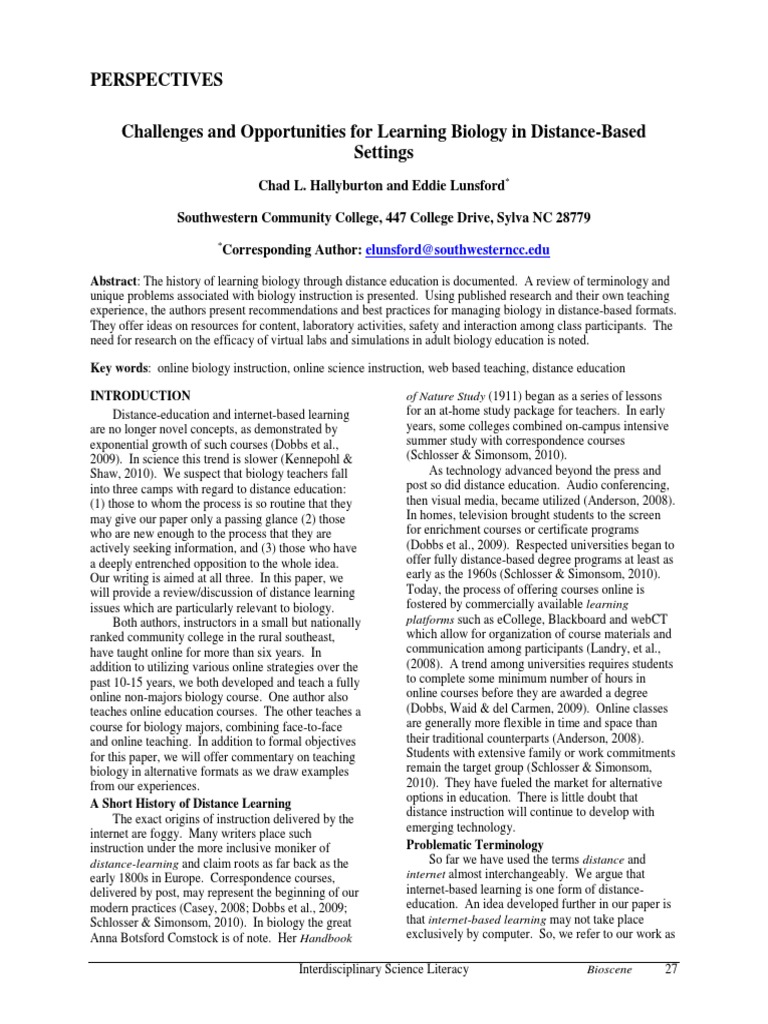 Challenges and Opportunities For Learning Biology in Distance-Based ...