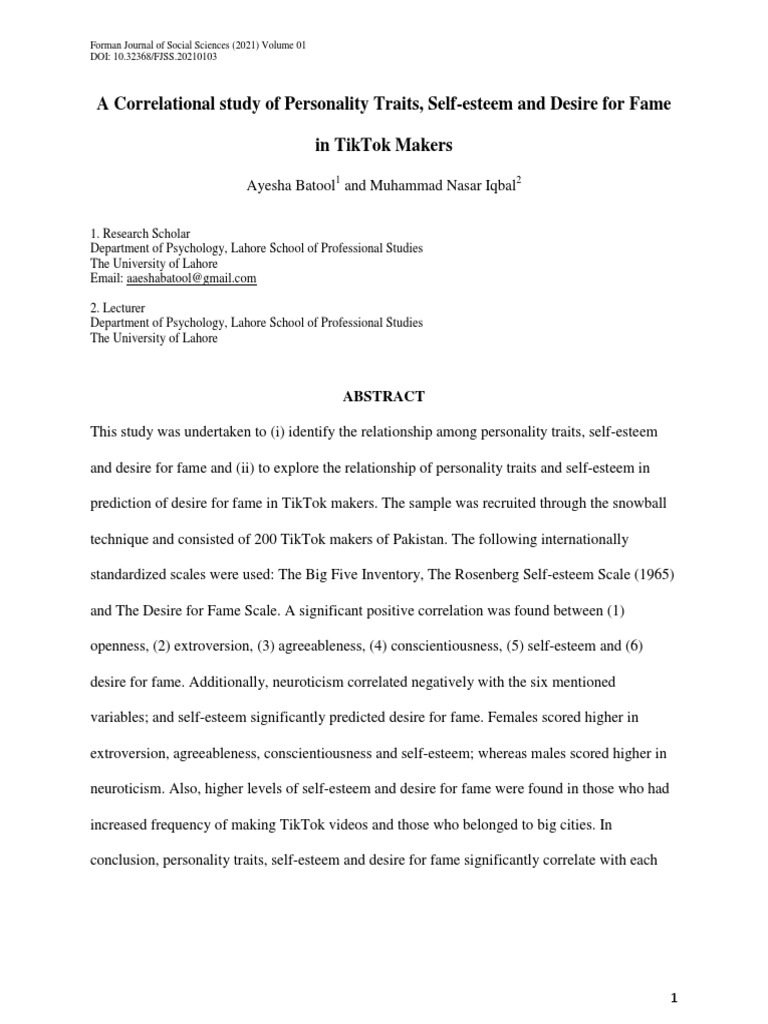 A Correlational Study Of Personality Traits Self Esteem And Desire For