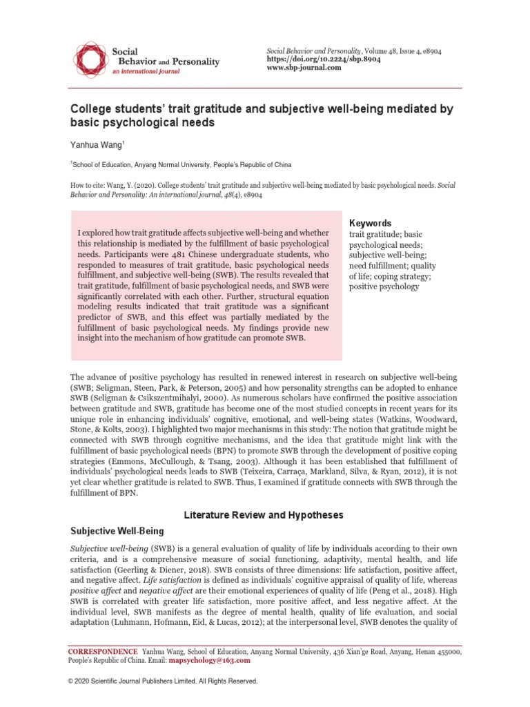 College Students Trait Gratitude And Subjective Well Being Mediated By