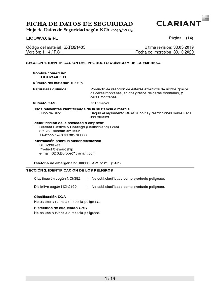 Clariant SDS Licowax E Flakes Chile Spanish | PDF | Química | Ciencias ...