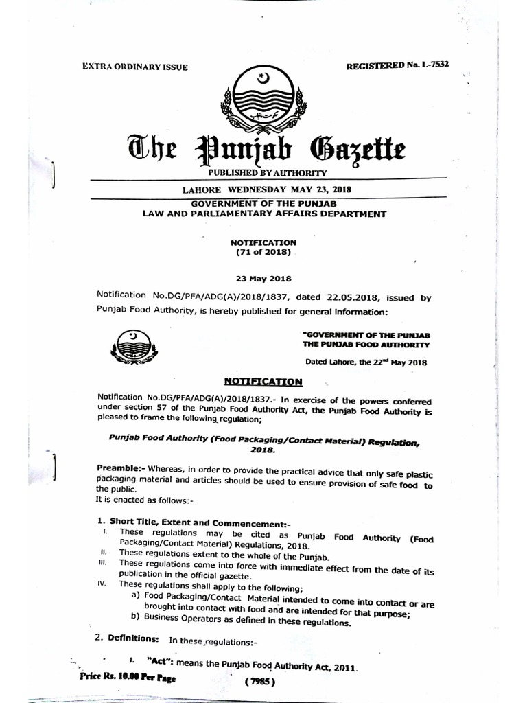 13. PFA (Food PackagingContact Material) Regulations, 2018 PDF