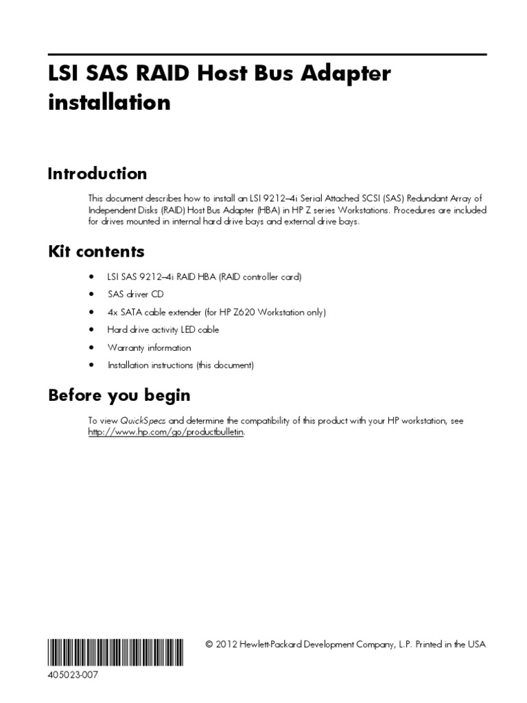 LSI SAS RAID Host Bus Adapter Installation PDF Electrostatic