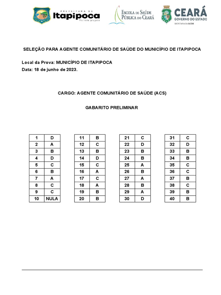Gabarito Prova Agente Saúde Itapipoca | PDF