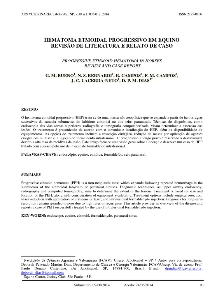 Hematoma Etmoidal Em Equinos Revisão E Caso Pdf Formaldeído 