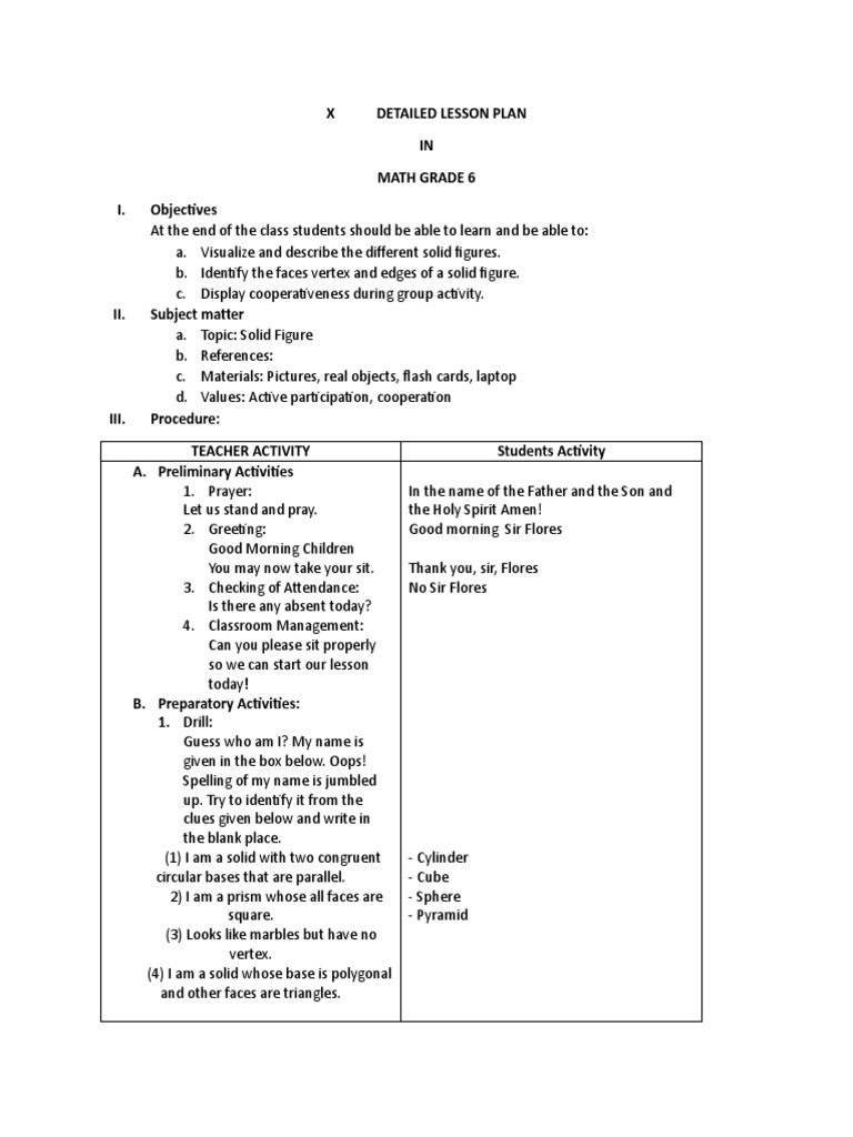 Grade 6 Math Lesson Plan on Solid Figures | PDF | Shape | Geometric Shapes