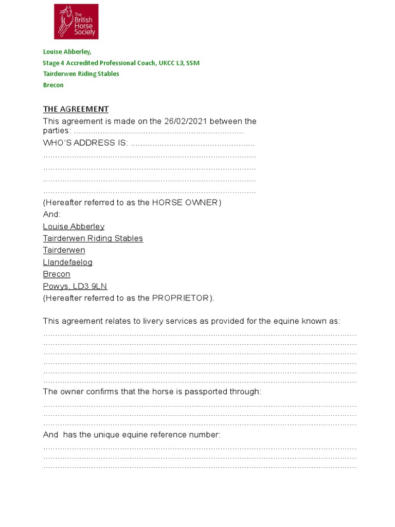 The Livery Agreement 2 | PDF | Horses for Free Printable Horse Boarding Contract