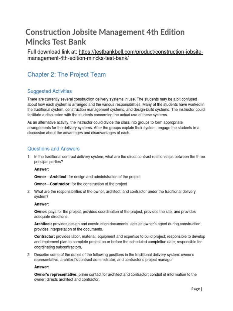 Construction Jobsite Management 4th Edition Mincks Test Bank PDF
