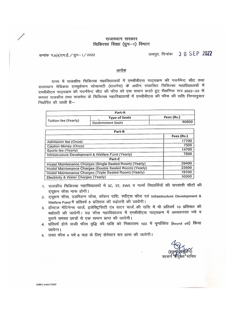 Fee Fixation Order Govt of Rajasthan. PDF