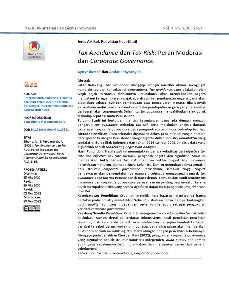Tax Avoidance Dan Tax Risk: Peran Moderasi: Dari Corporate Governance | PDF