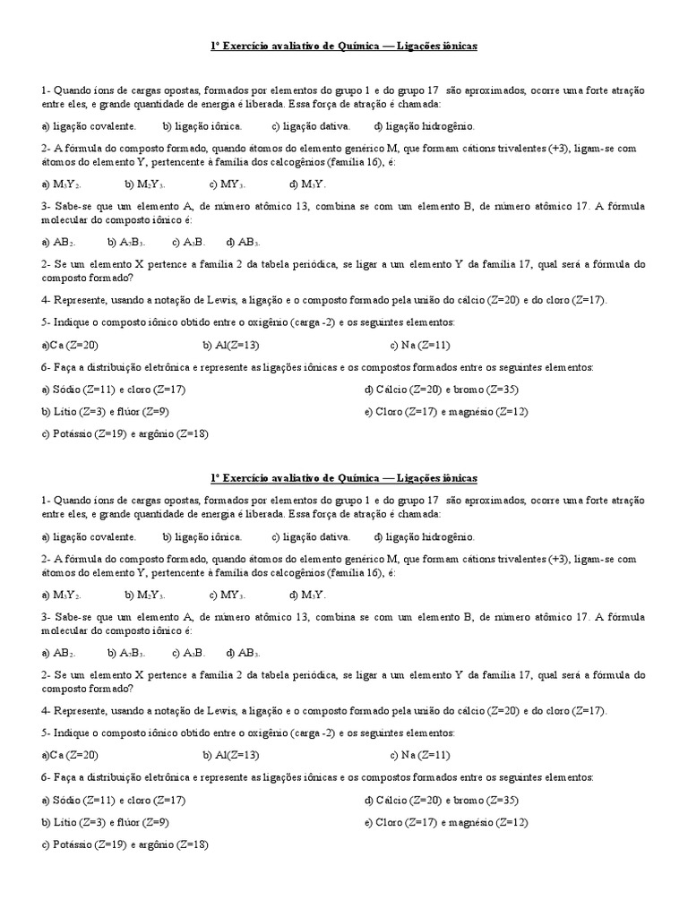 1 Lista de Exercícios - Ligações | PDF | Ligação química | Ligação iônica