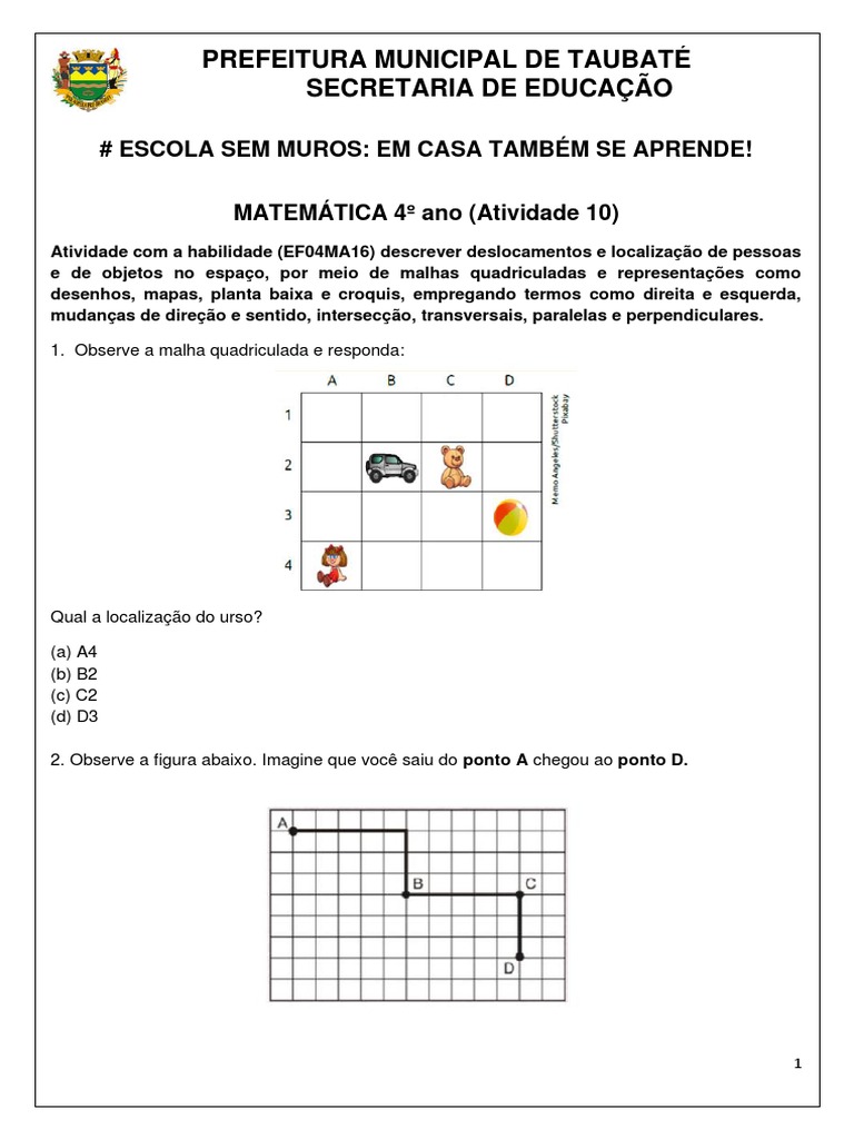 4ano MATEMATICA Ativ10 Deslocamento e Localizaºúo Espacial | PDF