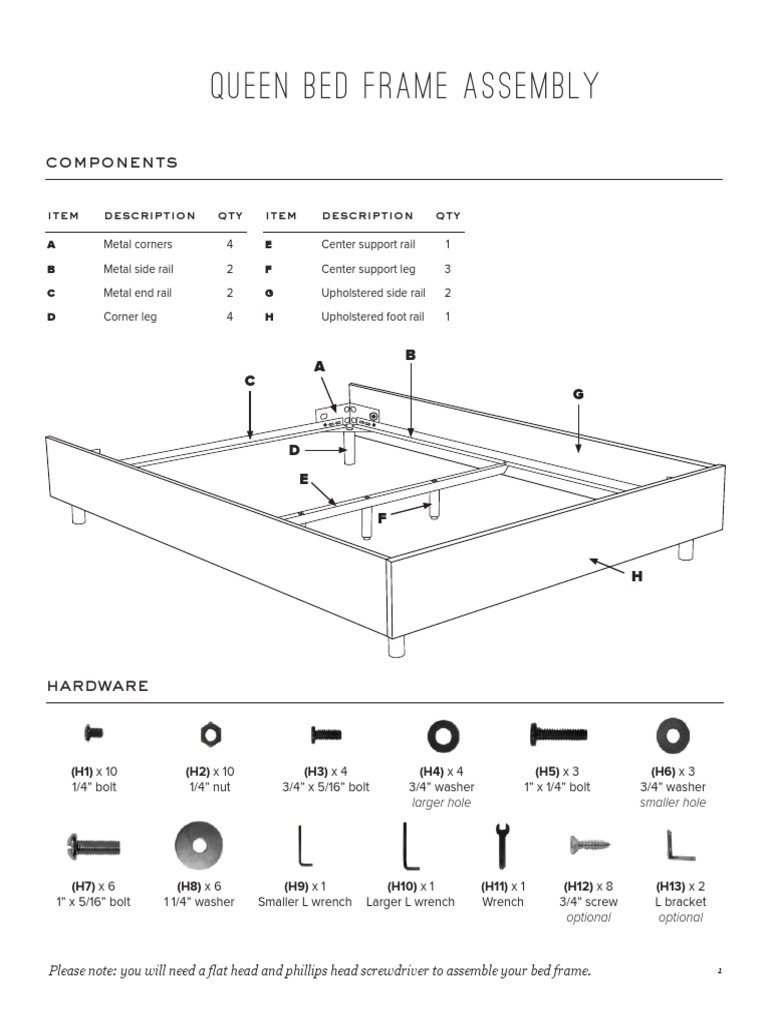 Queen Bed Frame Assembly Components PDF Tools Manufactured Goods