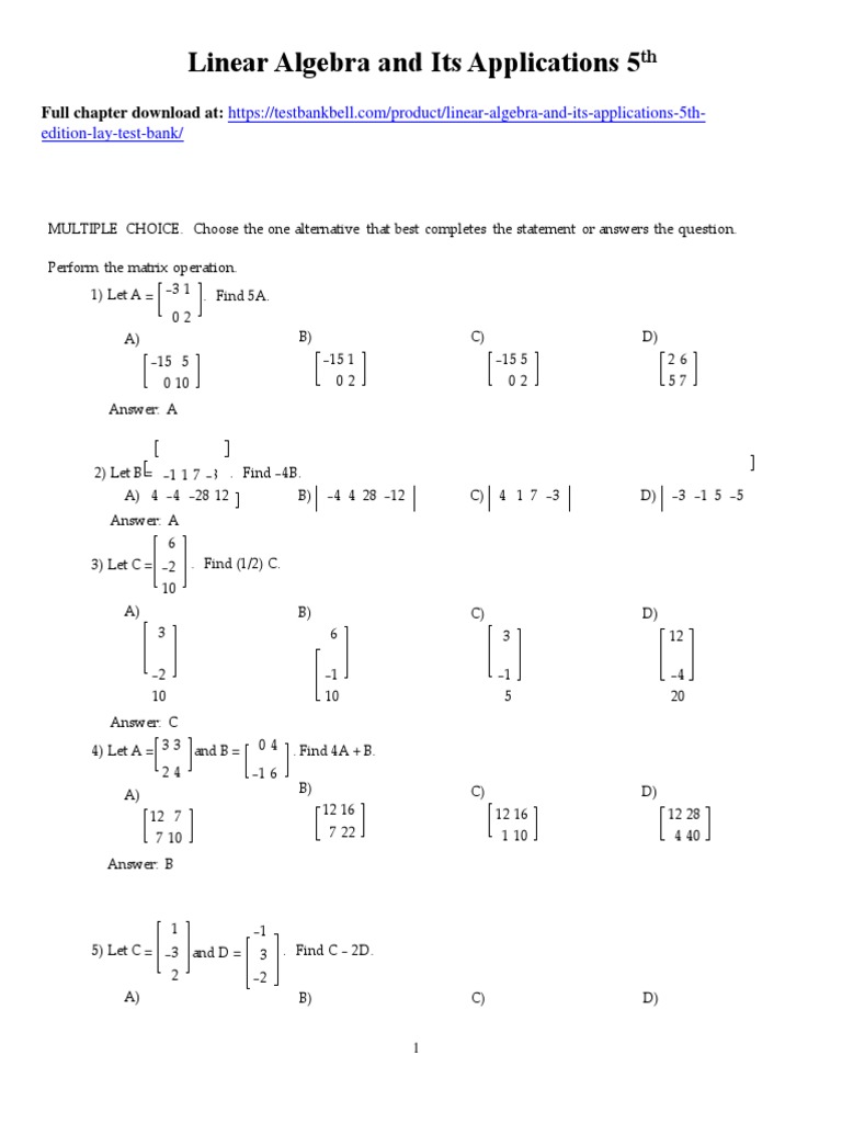Linear Algebra and Its Applications 5th Edition Lay Test Bank ...