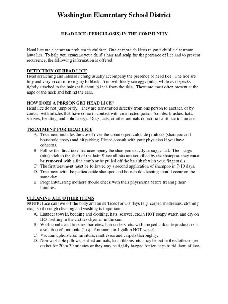 Parent Notification of Head Lice in Classroom PDF Parasitology